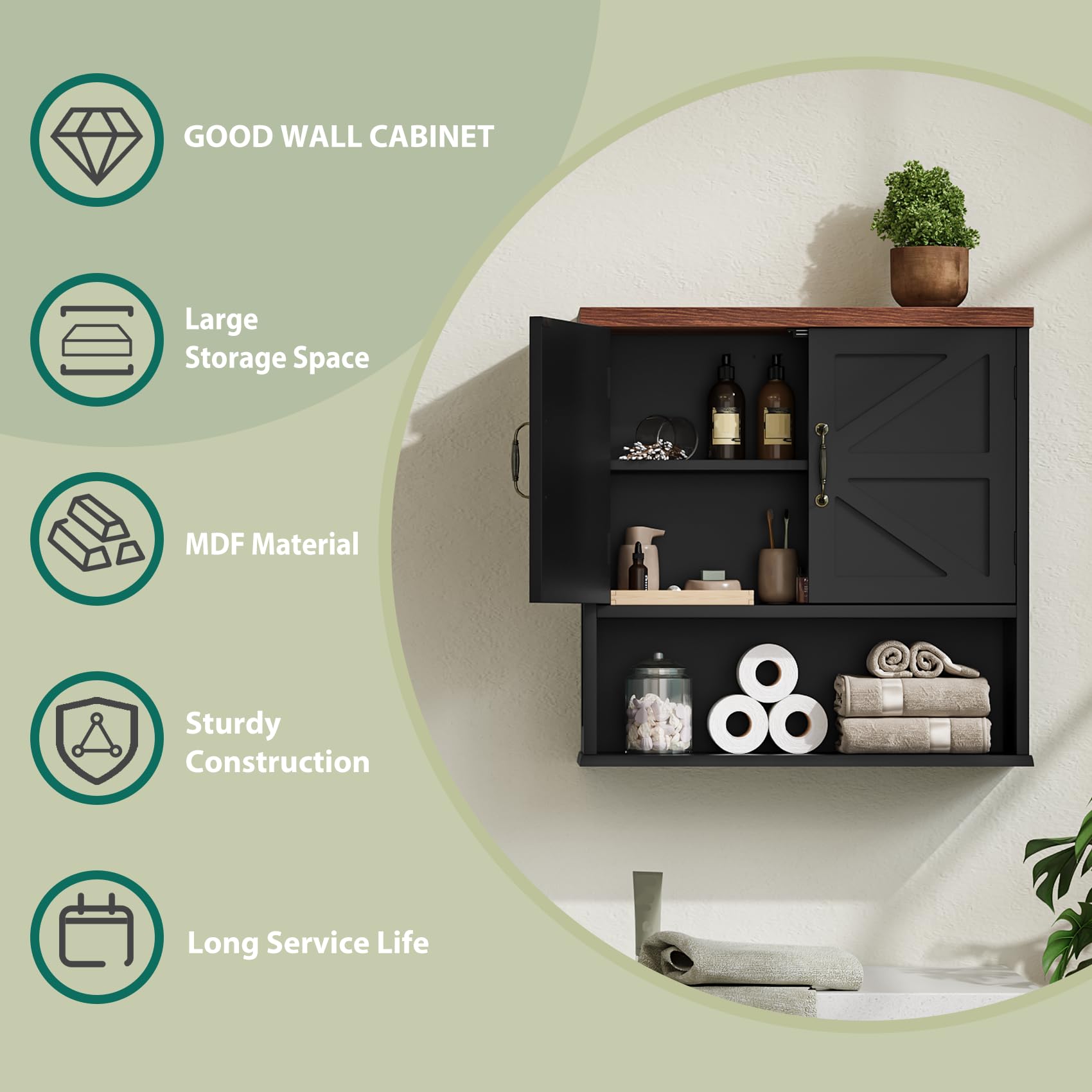 Smuxee Gabinete de pared de granja, botiquín negro con estante ajustable, para baño, sala de estar, lavandería