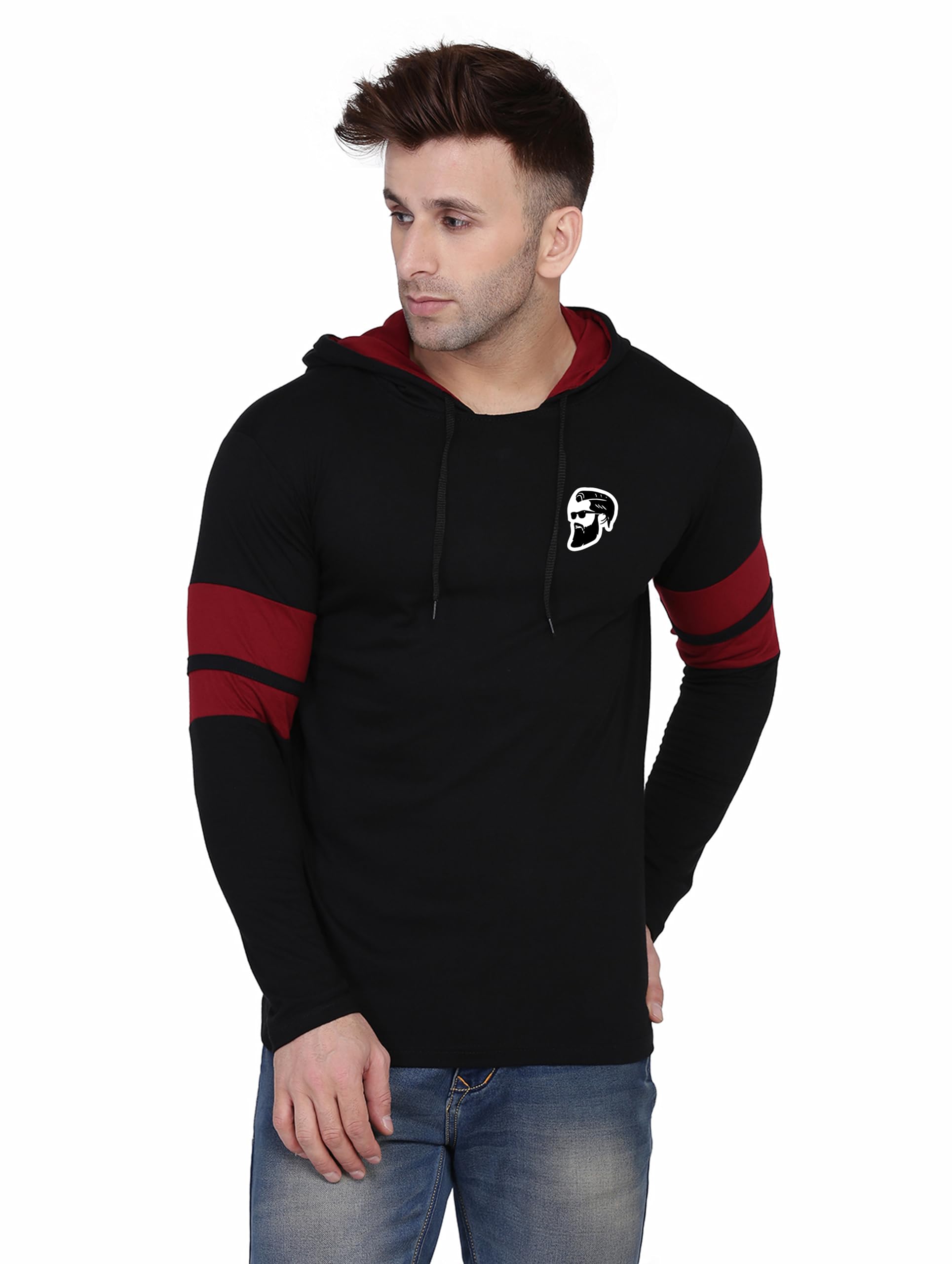 Men's Full Sleeve Hooded T-Shirt with Contrast Arm Stripes & Chest Logo | Casual Slim Fit Cotton Blend Pullover-image-44