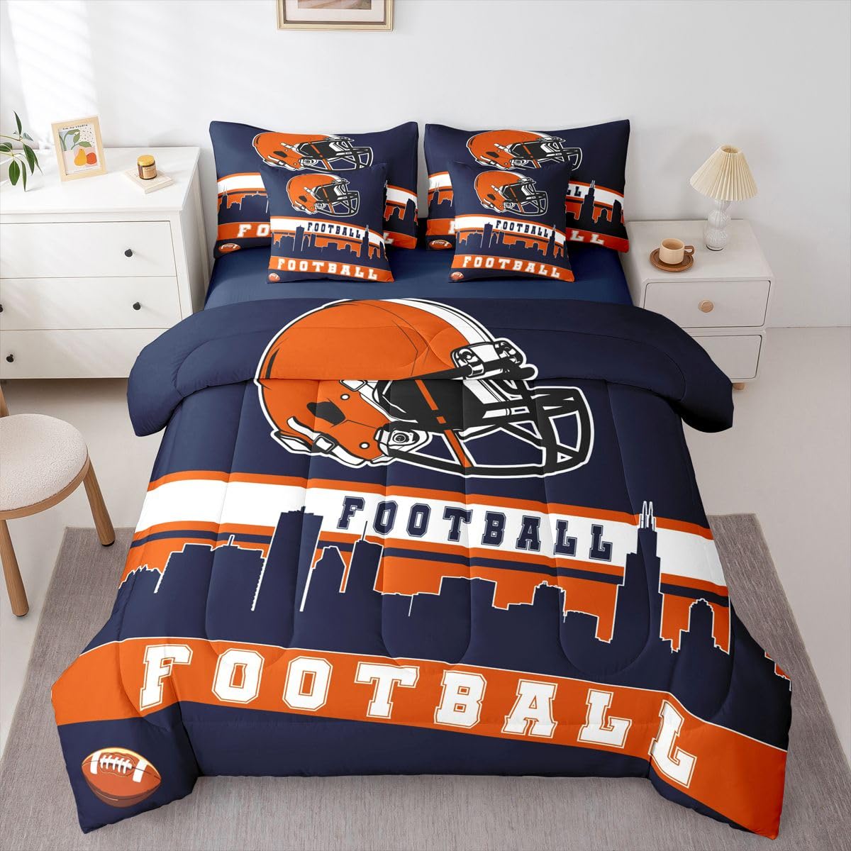 Erosebridal Football 7 Pcs Comforter Set King Football City Bedding for Men Blue Orange Football Fans Sheet Set Bed in A Bag Rugby Game Room Decor Sports Ball Competition Quilt