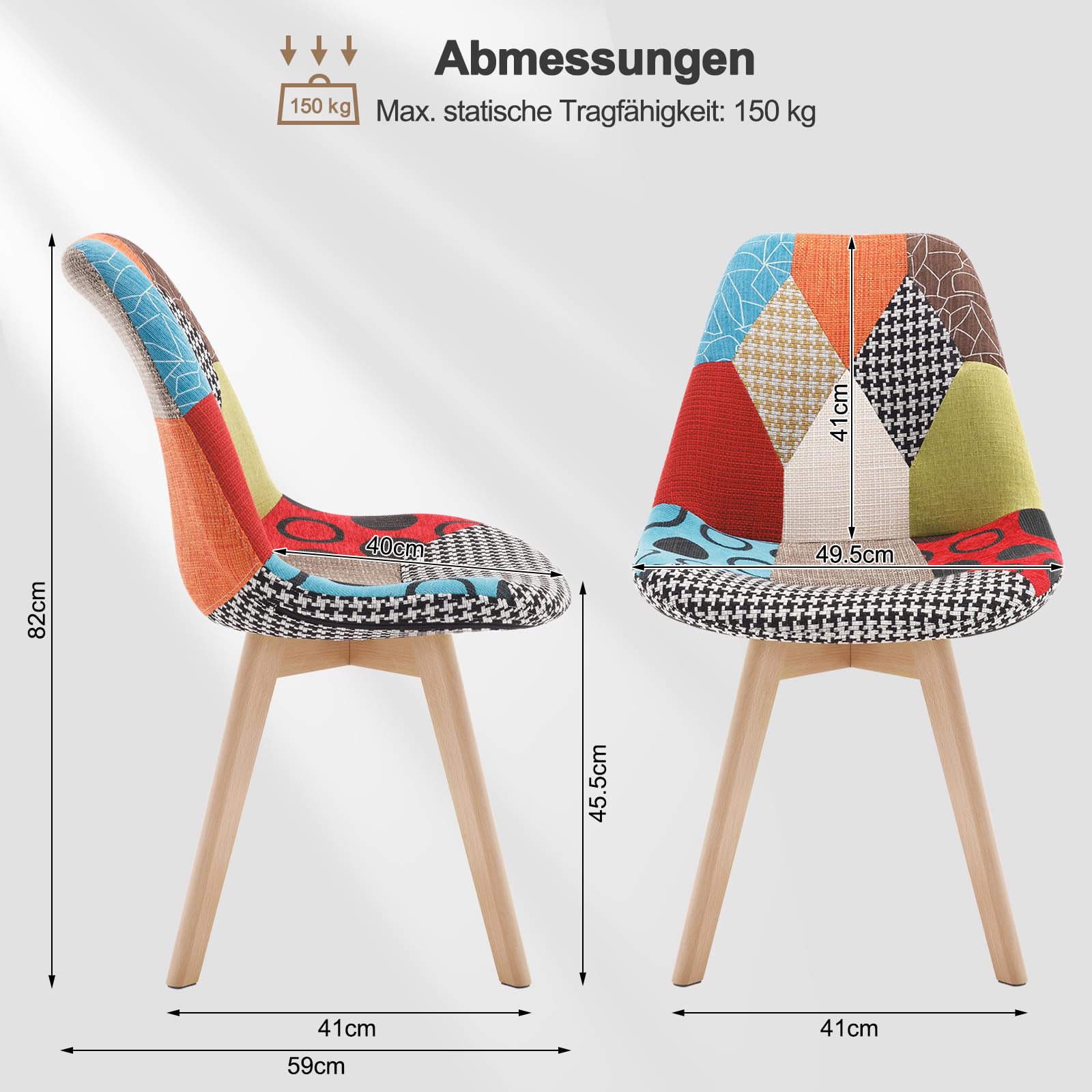 WOLTU Esszimmerstühle 2er Set, Küchenstühle mit Patchwork Design, Massivholz Beinen, Leinen, bis 150 kg belastbar, Mehrfarbig