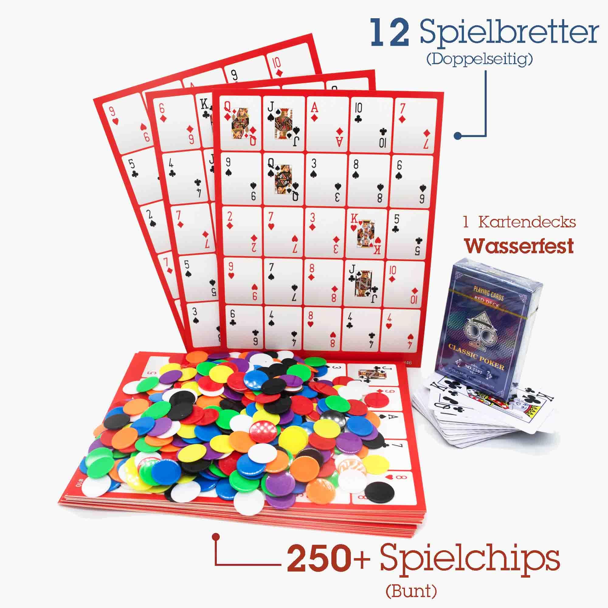 Juego de bingo Pokeno Poker: 48 tablas de doble cara (50 diseños únicos), más de 1000 fichas, 2 barajas de cartas de póquer impermeables. Diversión nocturna de casino familiar