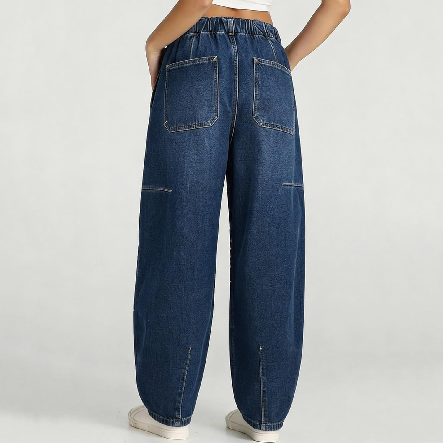 Xiaojmake Women's Barrel Jeans Low-Rise Drawstring Jogging Denim Pants with Pockets Casual Going Out Basic Workwear Trousers