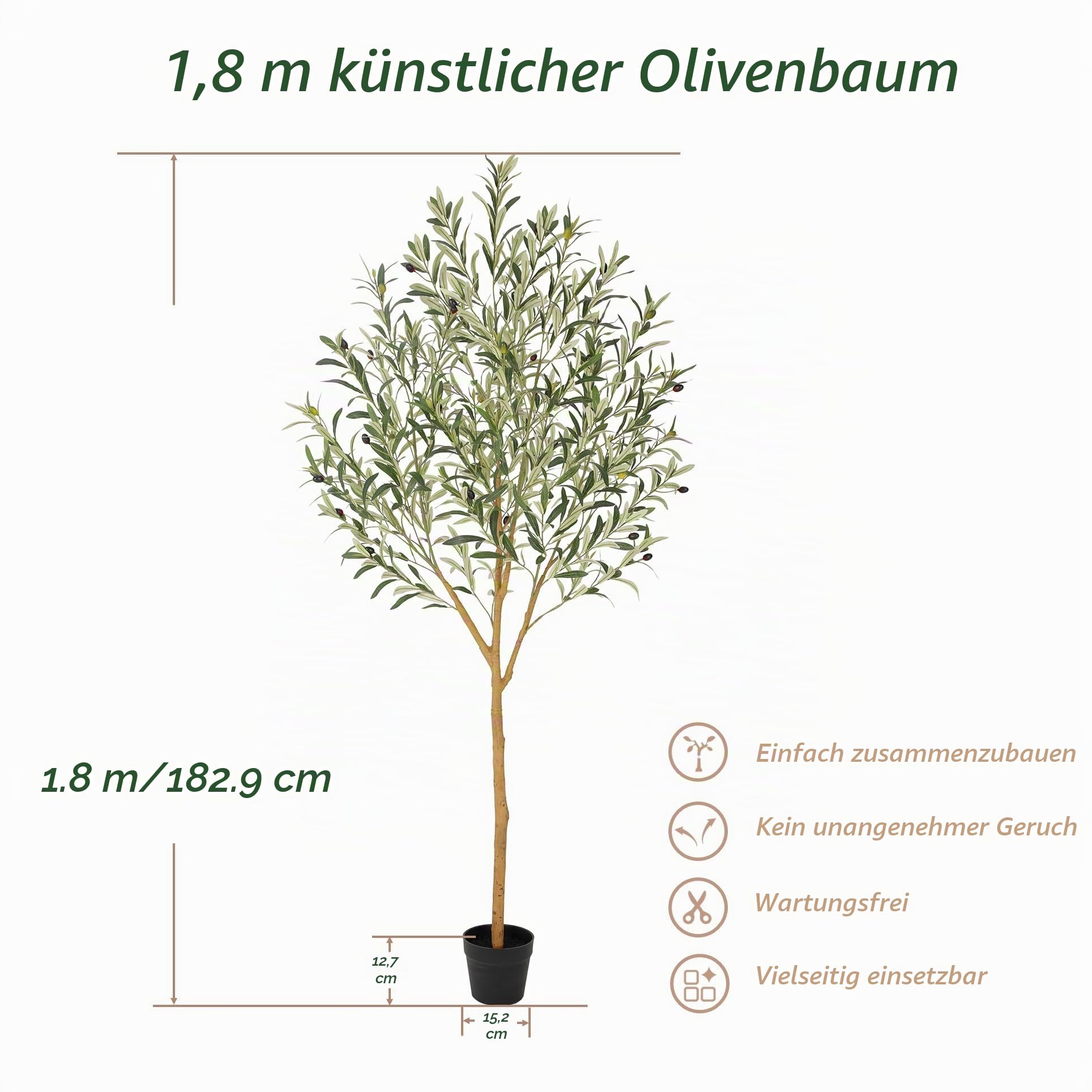 Bellacat 184cm Olivenbaum Künstlich mit Echt-Holzstamm, Kunstpflanze mit Realistischen FrüChten und BläTter, Künstlicher Olivenbaum für Wohnzimmer, Schlafzimmer und BüRo Dekoration