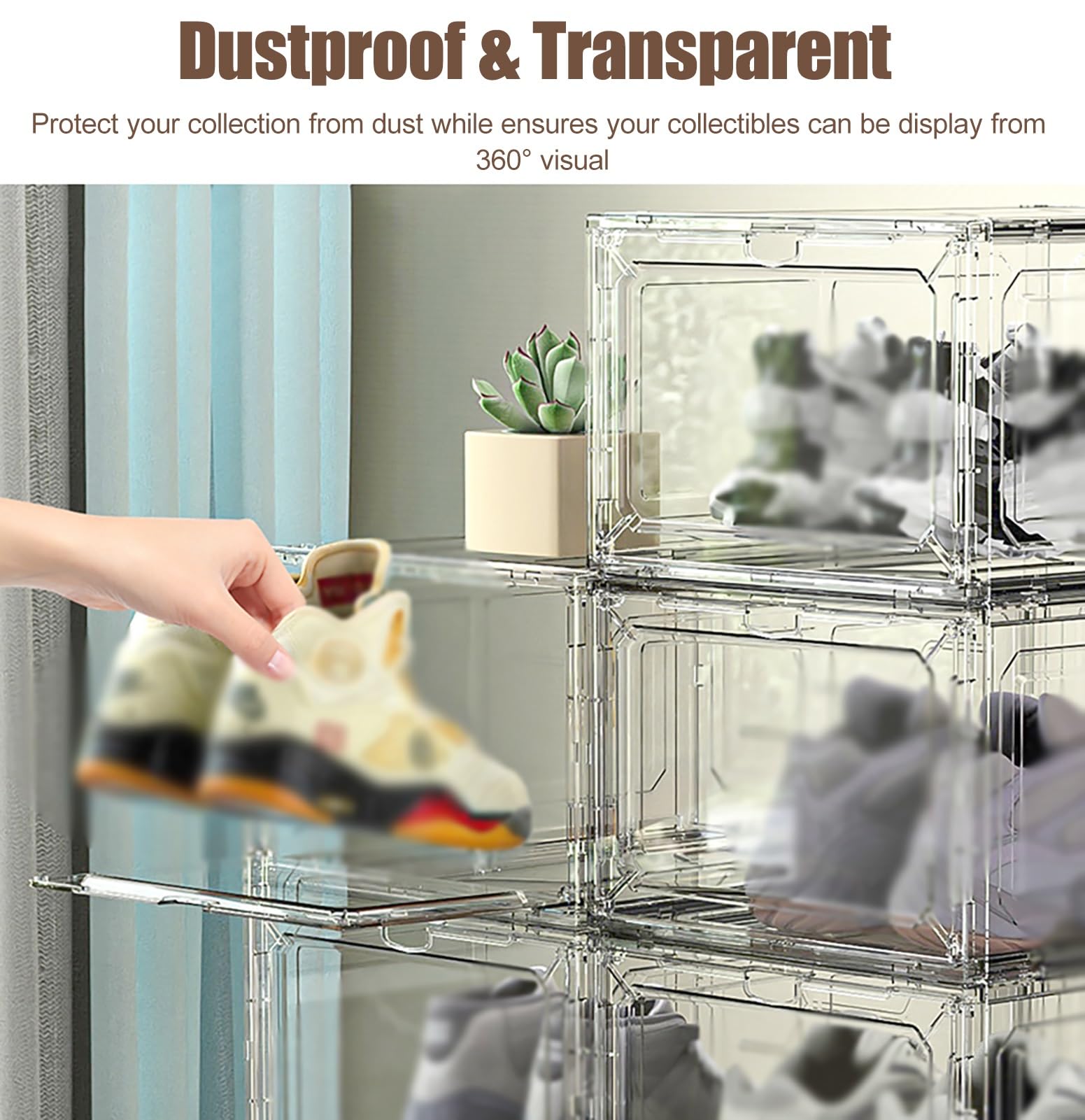 Teca Plexiglass Scatole per Scarpe Trasparenti Antipolvere con Porta Magnetica, Scatola in Acrilico Impilabile Lunga 34,8 cm, Vetrina per Oggetti da Collezione, Libri, Personaggi(White)