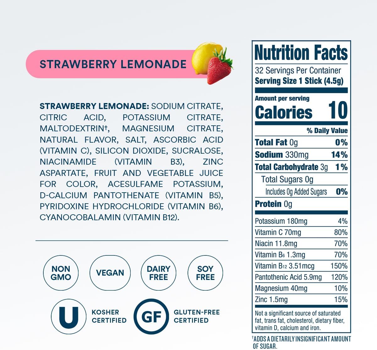 DripDrop Sugar Free Hydration Packets - Zero Strawberry Lemonade - Single Serve Electrolytes Powder Drink Mix - Non-GMO, Gluten Free, Vegan - 32 Sticks - Image 7