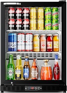 24 Inch Beverage Refrigerator, 210 Can Capacity Drink Cooler with Glass Door, Adjustable Shelves for Beer, Soda, Wine, Built-in Under Counter Freestanding Design for Kitchen, Bar