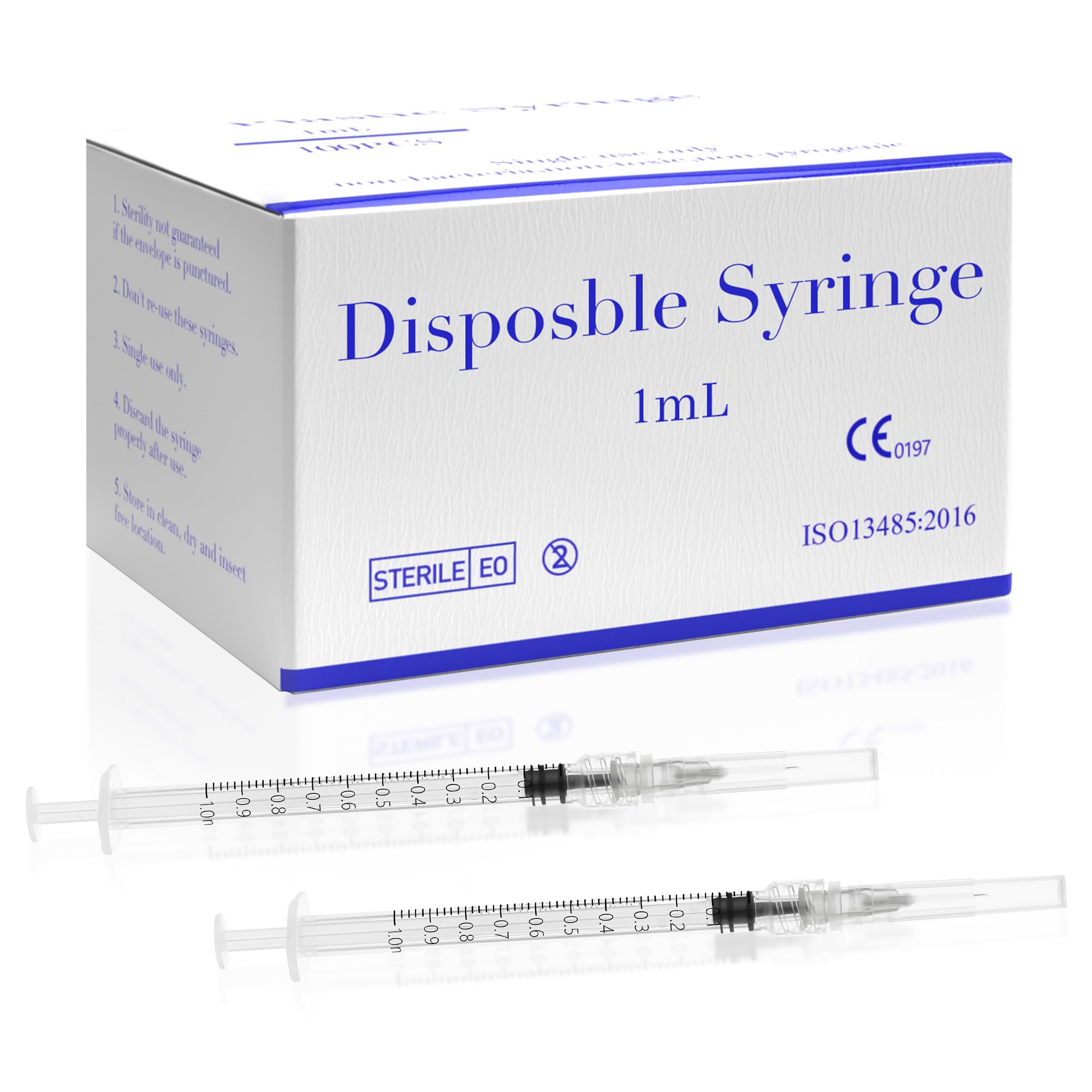 100 Pack 1mL 27Ga 1/2 Inch 13MM Lab Syringe Tools, Individually Packed