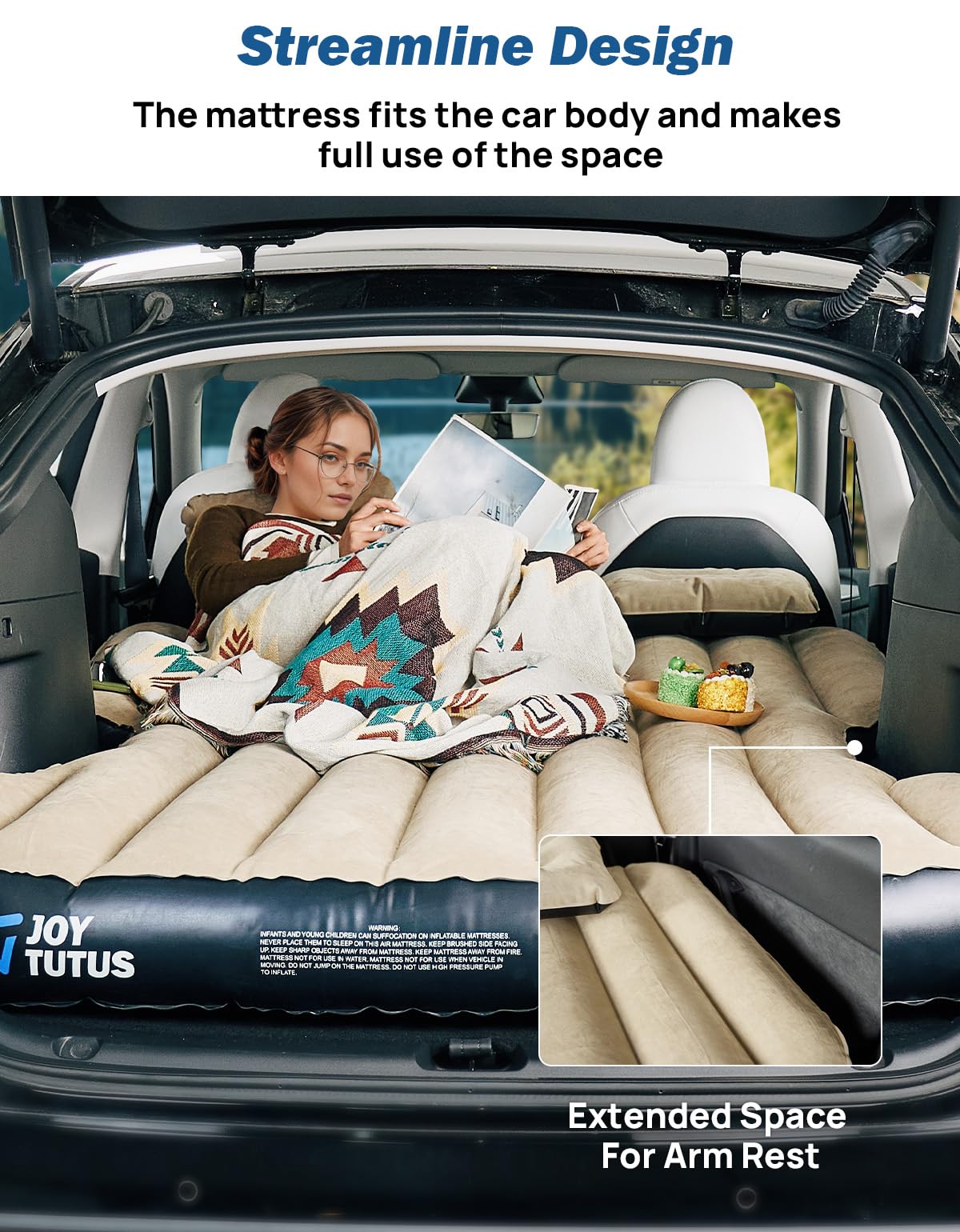 JOYTUTUS Model Y Air Mattress, Self-Inflating Camping Bed Compatible with Tesla Model Y, Upgraded Built-in Pump, Soft Bed Sheets, 2 Pillows,Camel