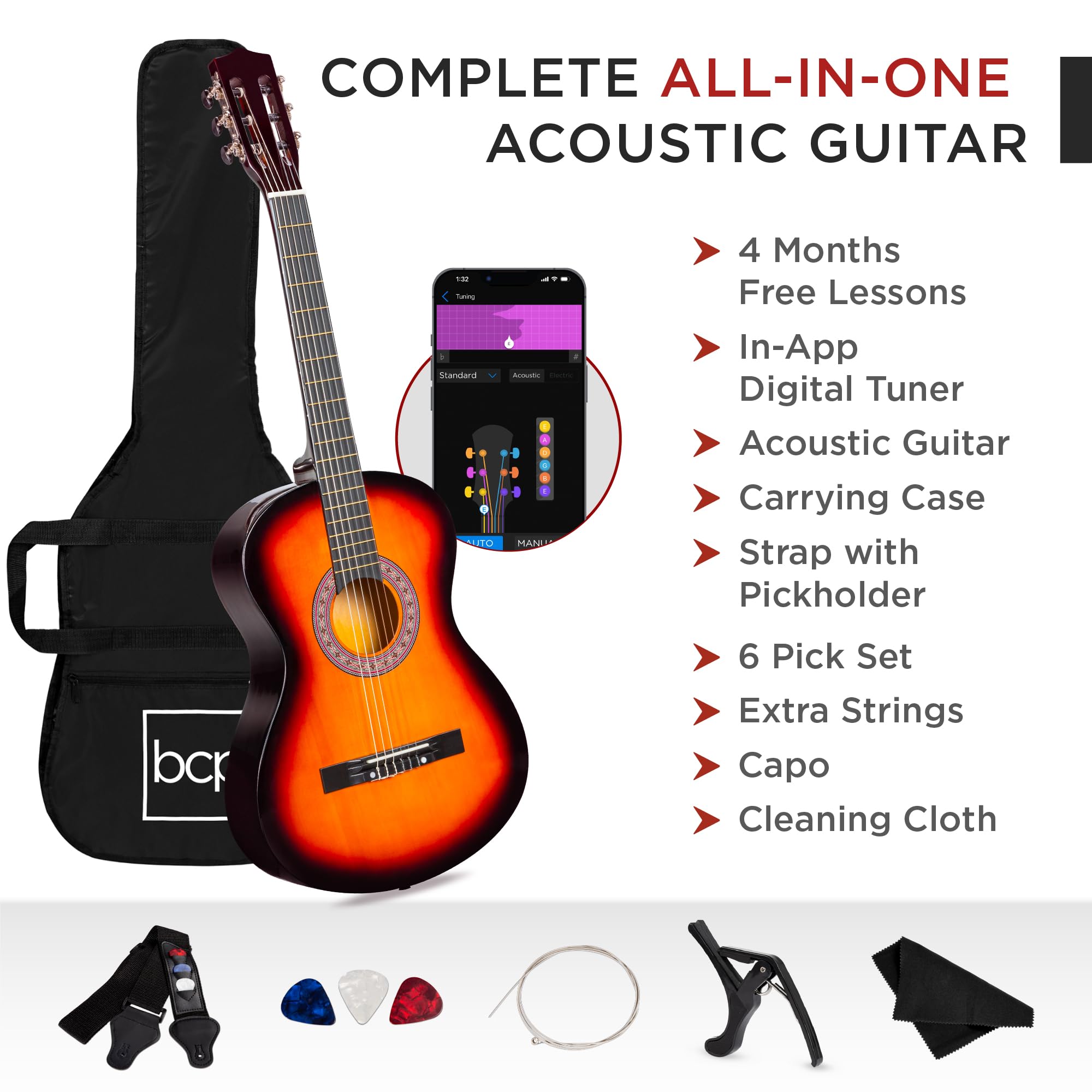 Best Choice Products Kit de démarrage pour guitare acoustique en bois pour débutant avec sac de transport, 6 médiators en celluloïd, cordes en nylon, capodastre, tissu, sangle avec support de médiator