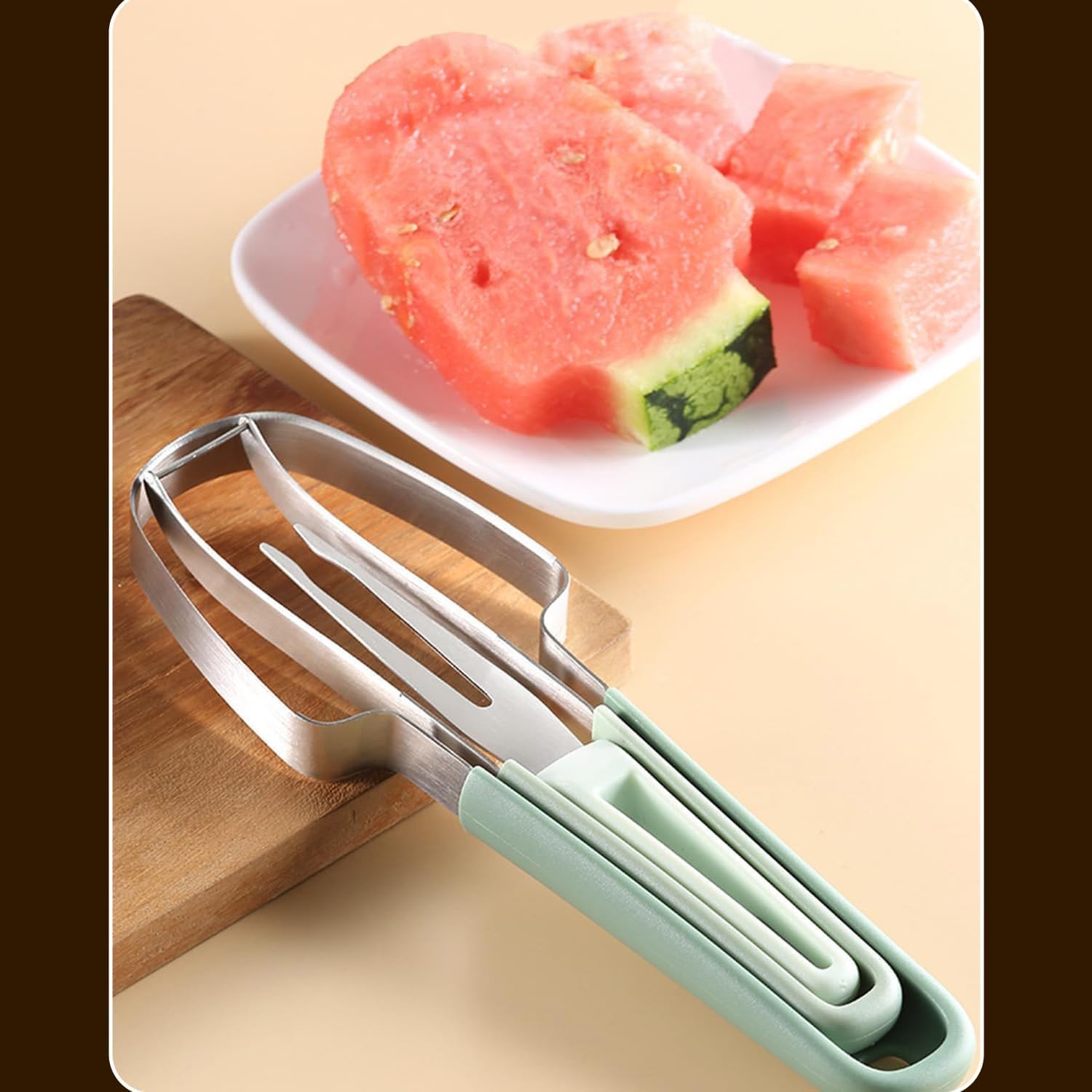 cortador de fruta 3 en 1, tenedor para melón de doble punta de acero inoxidable y cortador para sandía y frutas de verano (verde)