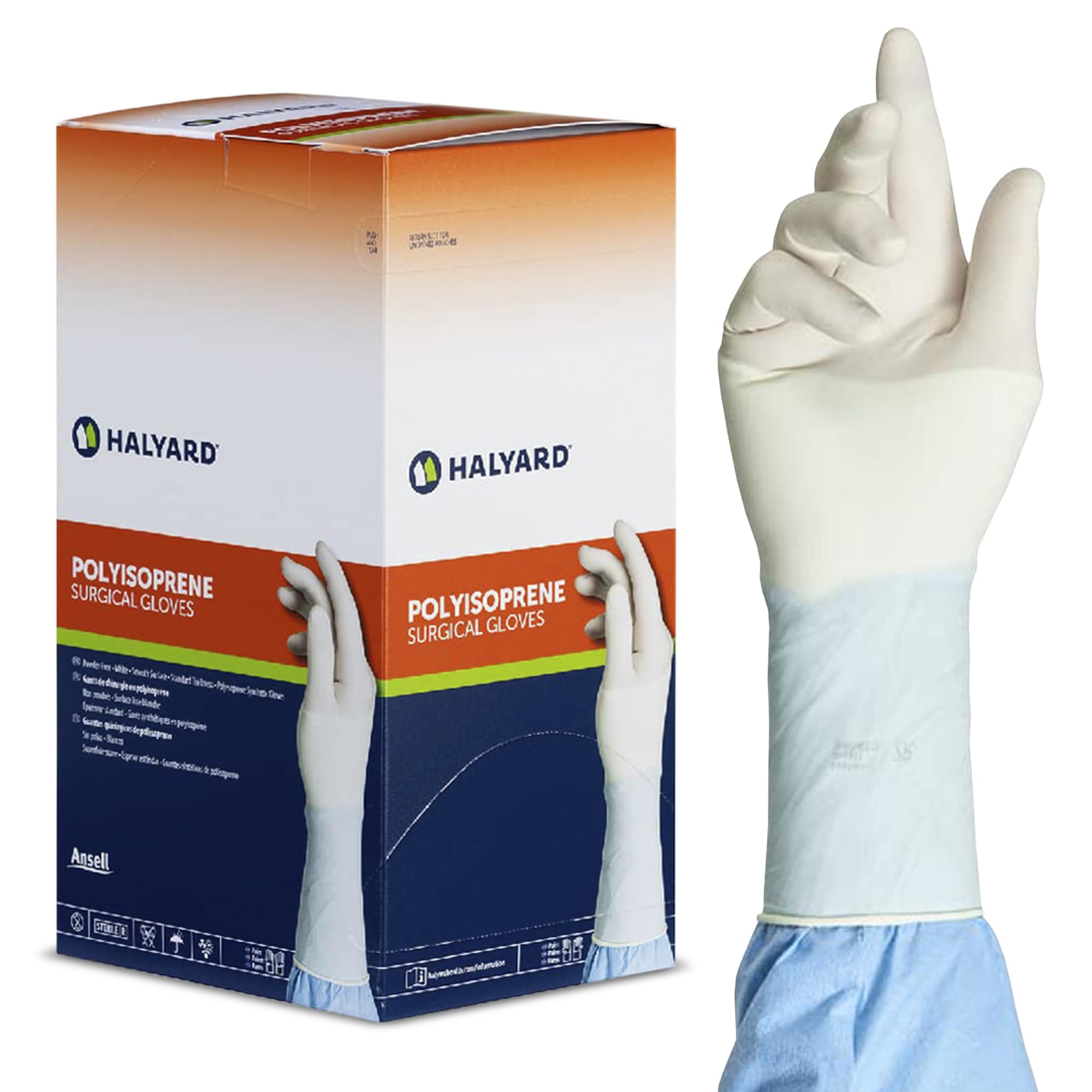 HALYARD Surgical Gloves Sterile Polyisoprene Individually Wrapped Pairs Powder Free Medical Disposable Gloves, 9.4 mil, Size 7.0 Medium, White,