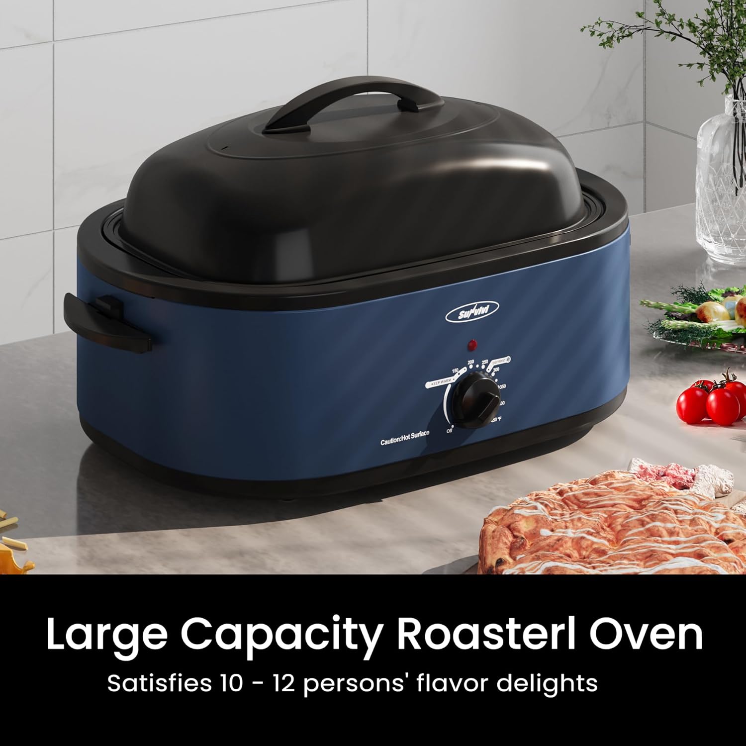 22-Quart Electric Roaster Oven with Removable Pan and Self-Basting Lid, Perfect for Turkey Roasting with Temperature Control from 150 to 450°F and Cool-Touch Handles，Blue