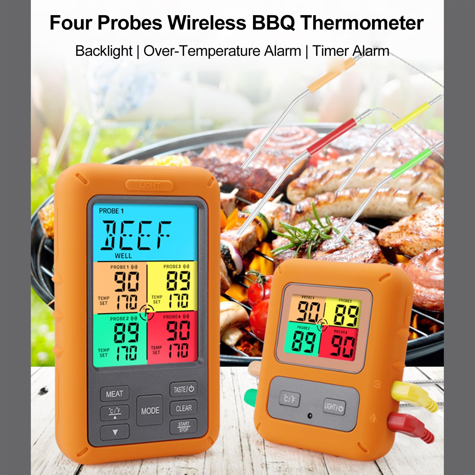 Termómetro Inalámbrico para Carne con Sondas Codificadas por Colores, Termómetro Digital para Parrilla BBQ con Alertas Inteligentes, Amplio Rango de Temperatura, 5 Niveles de Cocción, Apto