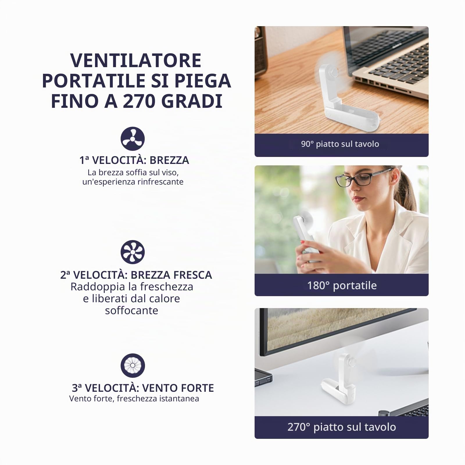 Jsdoin Ventilatore Portatile, 3 Velocità Ricaricabile Ventilatore Tascabile con Banca di potere, Cordino, Mini Ventilatore per Casa, Ufficio, Viaggi e all’aperto (Bianco)