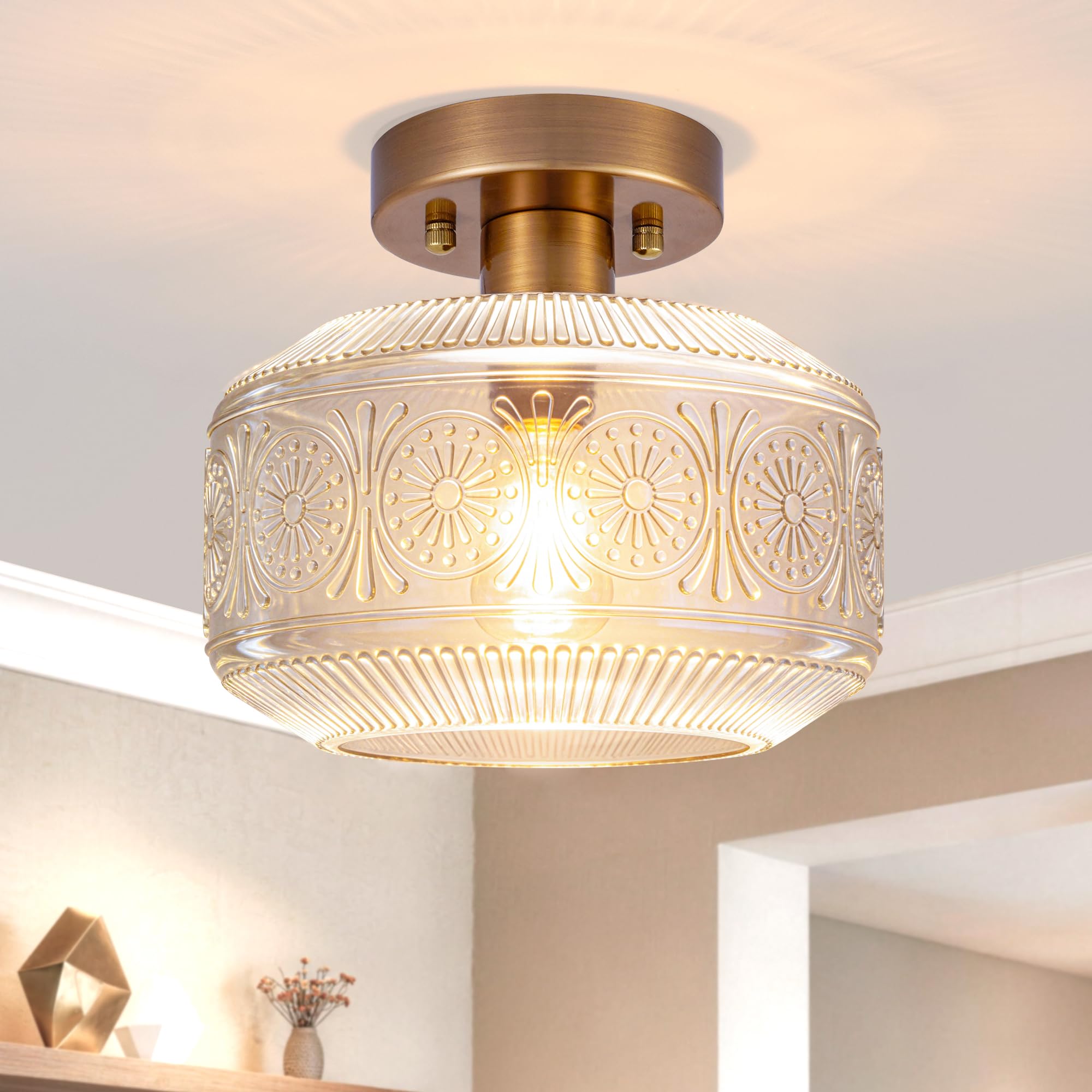 DSMJFU Semi Flush Mount Ceiling Light Vintage Small Ceiling Light Fixture Thickened Glass Hallway Lighting Fixture Brass Kitchen
