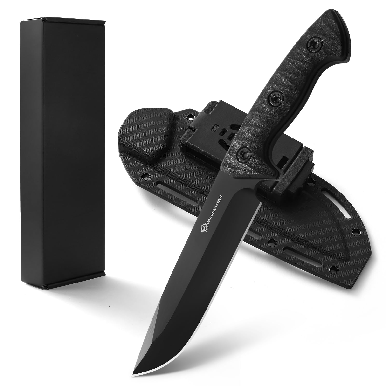 DRACHENADER XR-B01 Coltello da caccia con fodero - Full Tang Outdoor Messer, lunghezza totale 25,7 cm, manico in ABS, Full-Schwarz, Può essere indossato incrociato sulla cintura