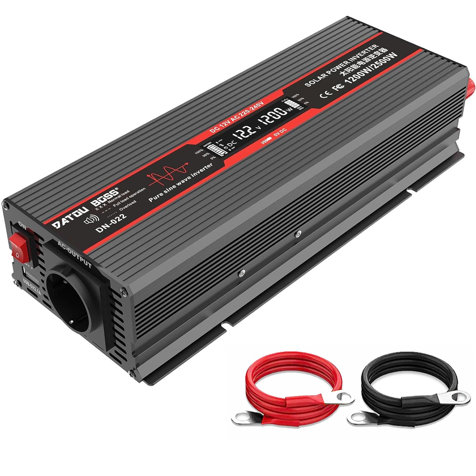 DATOUBOSS Inverter 12V 220V/230V Pure Sine Wave 1200W/2500W Voltage Converter with EU Socket, USB Ports & LED Display for Car, Truck, Caravan, Household Appliances, Black