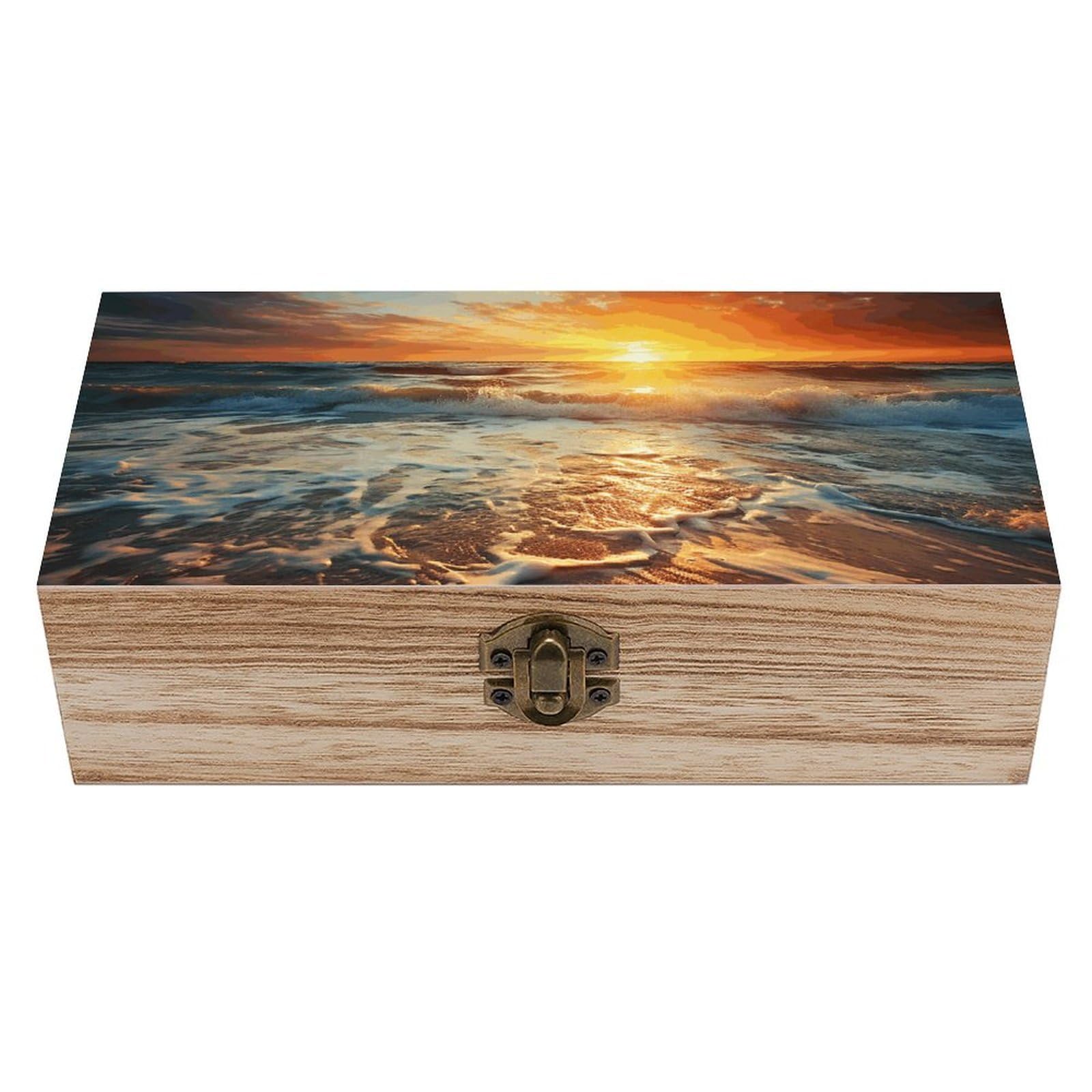 LZQPOEAS Ocean Sunrise Wooden Storage Box Small Decorative Box with Hinged Lid Handmade Elegant Keepsake Storage Box for Jewelry, Photos, Trinkets, Letter Gifts, Small Heirlooms