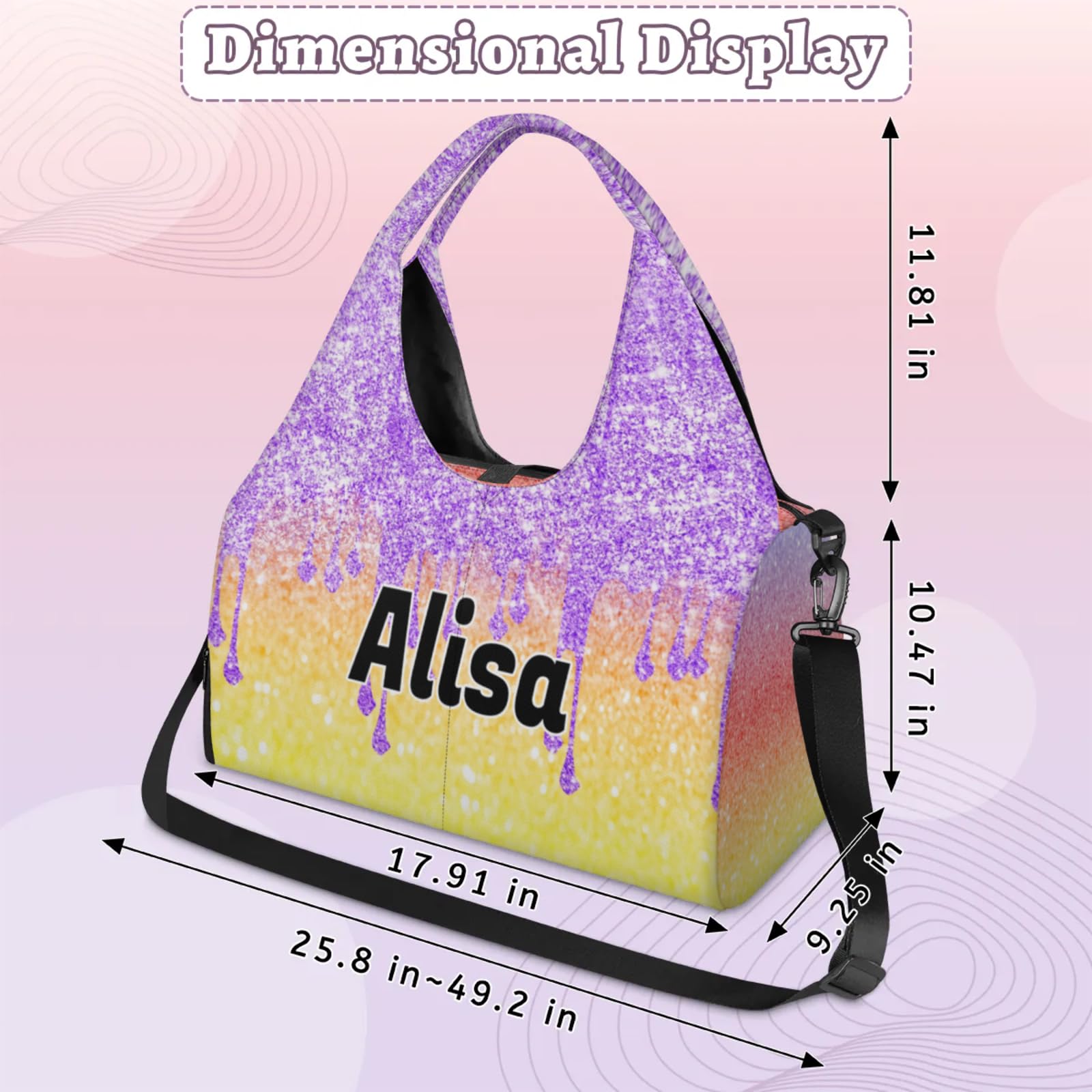 KFNHN Personalized Yoga Gym Bags for Women with Shoes Compartment, Wet Dry Storage Pockets Pilates Beach Bag, Light Purple Fluid Glittering with Yellow Bling