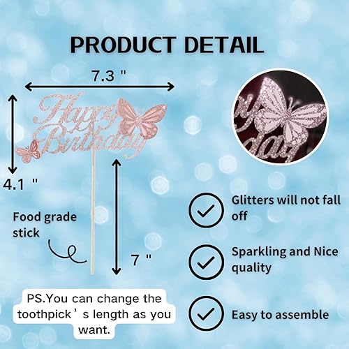 Miniatura 4 de ALISSAR Decoración de pastel de cumpleaños de oro rosa con mariposa 3D hecha a mano, decoración de pastel de mariposa para niñas y mujeres,