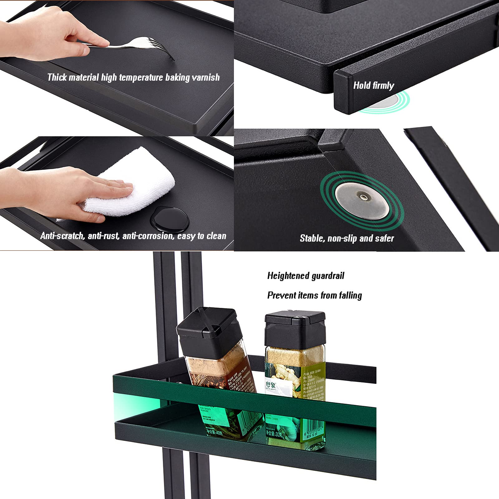 LDIW Soportes para Botes de Especias Estante de Almacenamiento de Encimera de Cocina, para Especias Condimentos, Jabones, Botelas, Frascos para Cocina, Baño, Dormitorio y Oficina,Negro,Second Floor