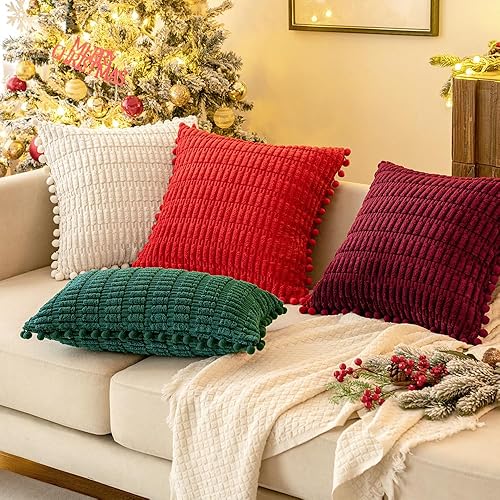 Miniatura 6 de MIULEE Juego de 2 fundas de almohada decorativas de pana roja, con pompones, suaves, bohemias, a rayas, modernas, para decoración del hogar, para