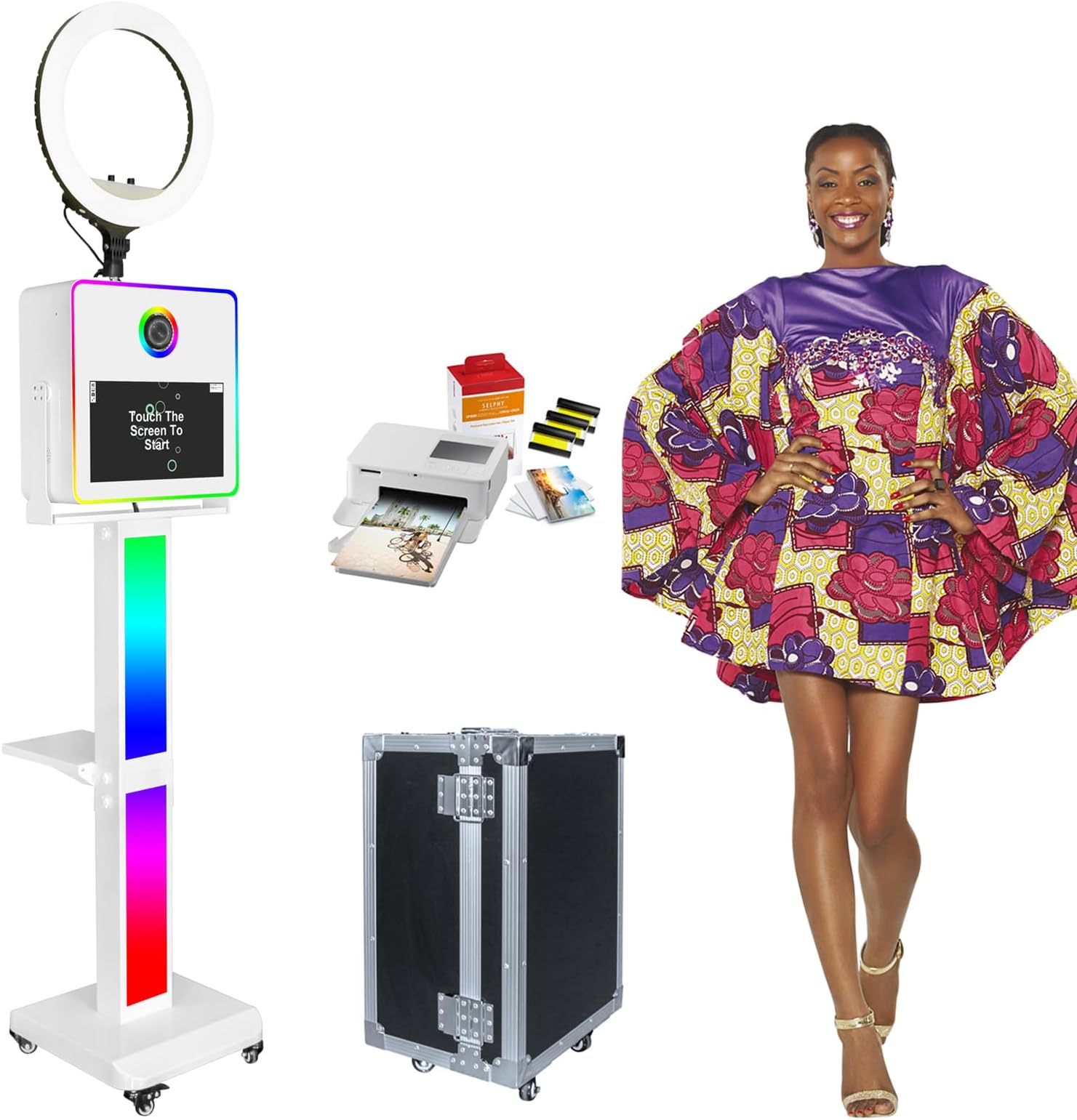 DSLR Photo Booth with Printer, 15.6-in Touch Screen Built-in Mini PC, RGB Light Stands, Selfie Ring Light, Mirror Photo Booth Machine for Party Wedding Events Halloween Christmas (with Printer Only)