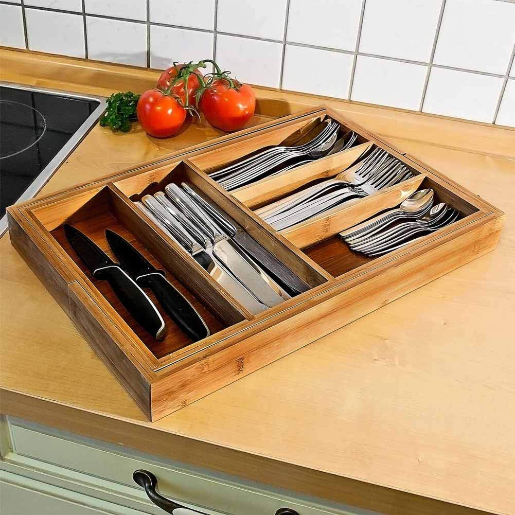 Porta Posate In Bambù Naturale 4 Scomparti 33x25x4 Cm - Organizer Da Cassetto Salvaspazio