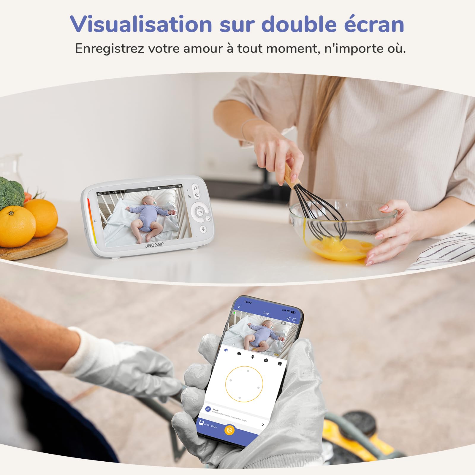 2K/3MP Babyphone Caméra Bébé, 5" IPS, 360 ° View, PTZ & VOX, HDR Vision Nocturne, Babyphone Connecté Smartphone, Lumière Infrarouge Invisible, Détection des Pleurs & Température