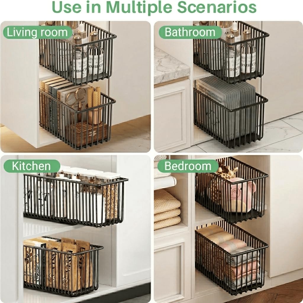4 Pezzi Cassetto Estraibile Cucina, Cassetti estraibili per cucina senza Senza Bisogno di Trapano e Chiodi, Cassetti Scorrevole Armadio da Bagno (Nero,41D X 15.3W X16H CM)