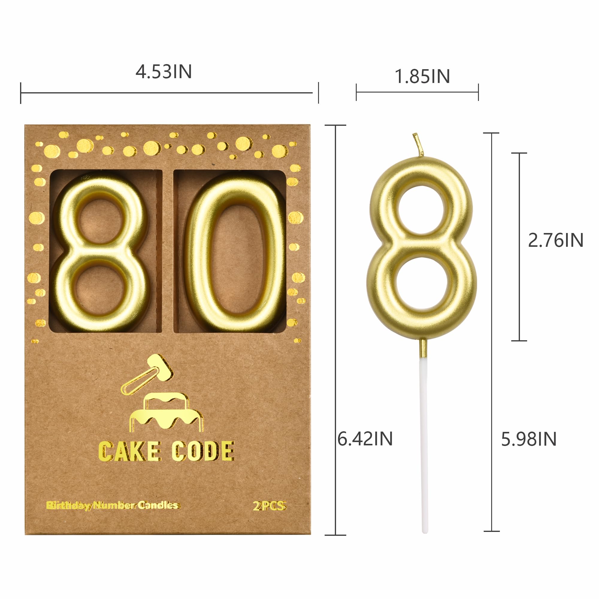 Velas clásicas de cumpleaños con número 80 de oro de 2.76 pulgadas, velas de números dorados, velas de números de pastel, celebración de fiesta