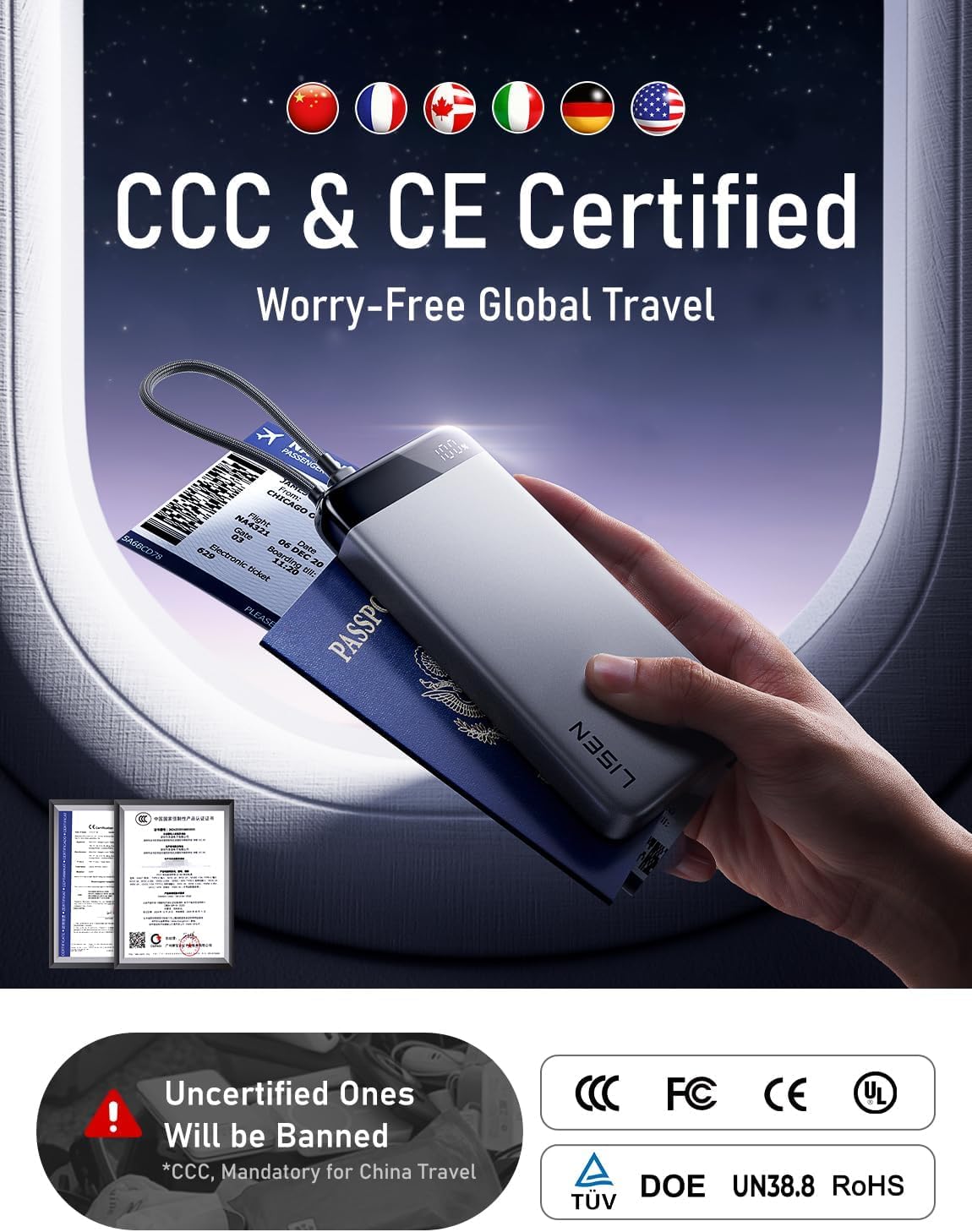 LISEN Powerbank CCC, Powerbank 20,000 mAh, 35 W, Mit Kabel Compatible with iPhone 17/16 Series, Xiaomi 17 Pro Max, Samsung S25 Series, Travel Aeroplane Essential Gadgets