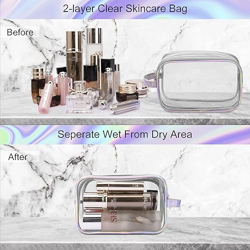 Miniatura 5 de Lermende Bolsa de maquillaje transparente, bolsa de maquillaje transparente de 2 capas para viajes, bolsa organizadora de maquillaje portátil