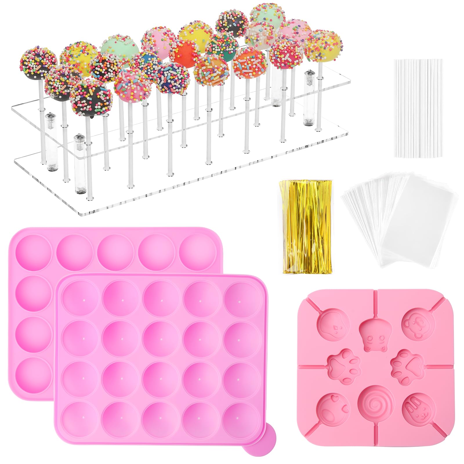 323 PCS Cake Pop Maker Kit, Cake Pop Baking Mold with 1 Acrylic Lollipop Holder,1 Silicone Mold Set,100 Pcs Clear Bags,120 Pcs Treat Sticks,100 Pcs Gold Bow Ties (There is a Lollipop Stand)