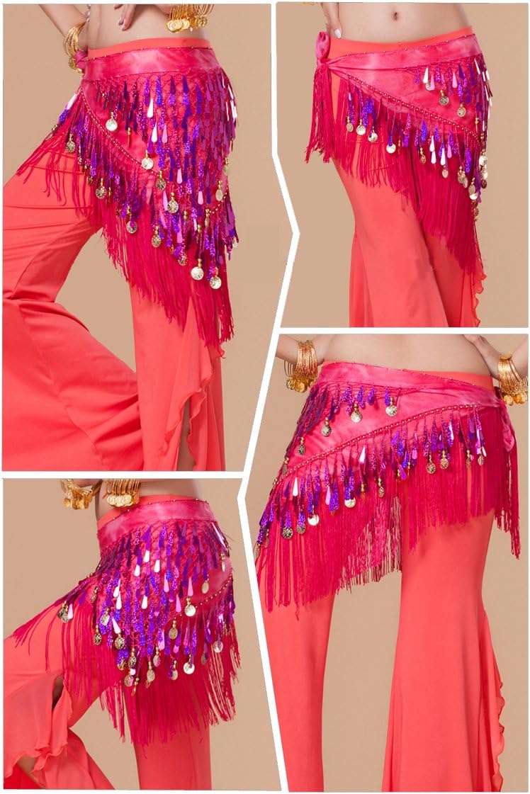 MUNAFIE Belly Dance Hip Scarf with Tassels Sequins, Triangle Coins Wrap Skirt Music Festival Clothing Skirt - Image 8