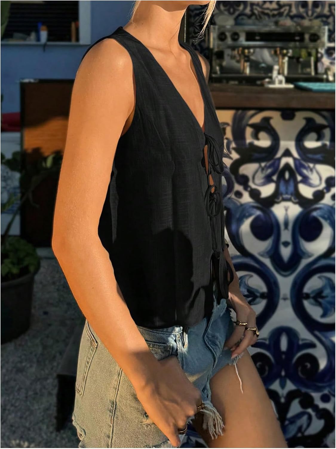 Verdusa Women's Linen Clothes Tie Front Tops Going Out Top Trendy Sleeveless Vest Shirts - Image 3