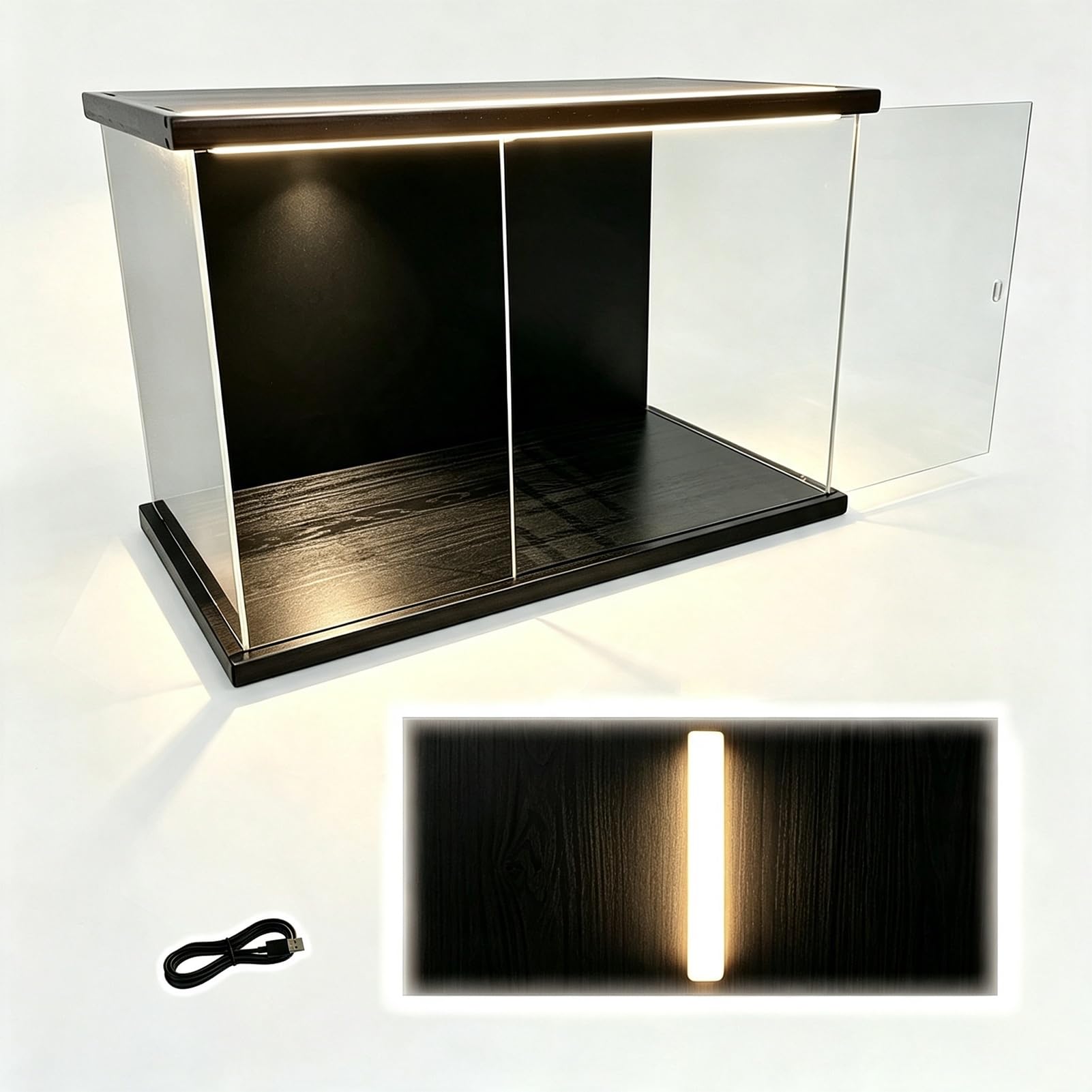 Teca Plexiglass Illuminazione a LED, Retro Nero, Vetrina in Acrilico | Mobiletto in Acrilico con Base Nera, Scatola in Vetro Alternativa per Conservare Cosmetici, Organizer da Scrivania
