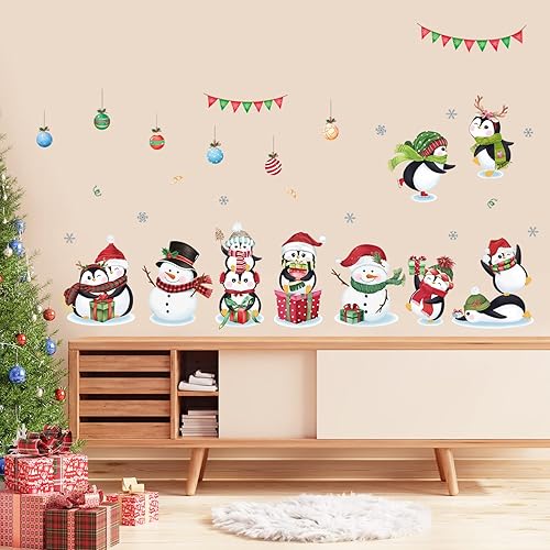 Miniatura 4 de decalmile Calcomanías de pared de Navidad para ventana, diseño de pingüino de invierno, muñeco de nieve, copo de nieve, pingüino, ventana, se aferra