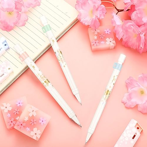 Miniatura 3 de El juego de 15 lápices mecánicos de cereza incluye 6 lápices de dibujo automático Kawaii japonés con 6 tubos de repuesto y 3 borradores de cereza