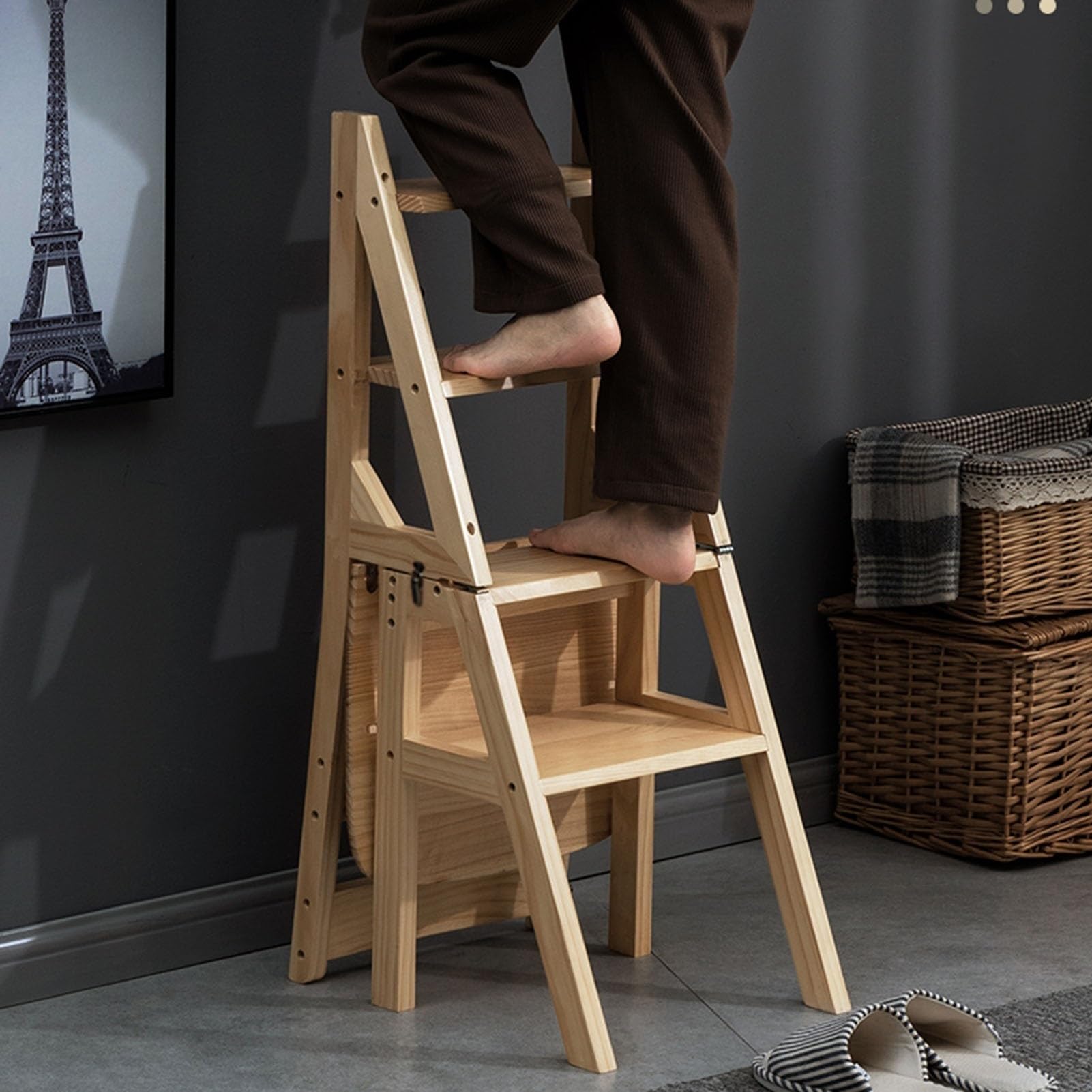 4-stufiger klappbarer Trittleiter Stuhl, wandelbarer Tritthocker aus Holz, 2-in-1-Bibliotheksleiter und -Sitz, klappbar, Mehrzweck für Zuhause, Küche, Büro, Wohnzimmer (Holz, 39 * 46 * 90cm)