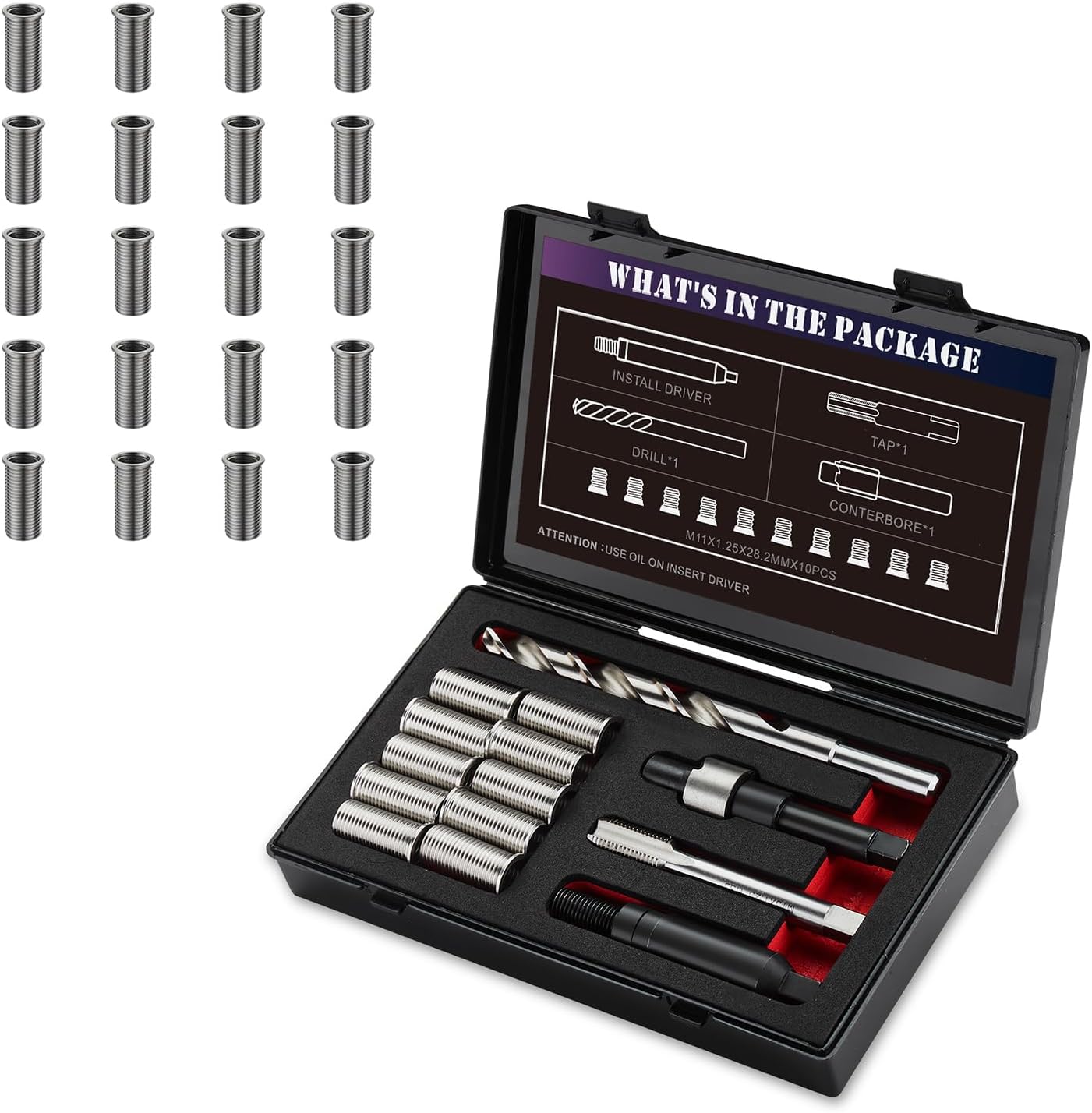 M11X1.25X28.2MM Thread Repair Kit with Insert HSS Drill, Tap, Counterbore, Installation Driver, Metric, 20PCS Stainless Steel Insert M11X1.25X28.2MM