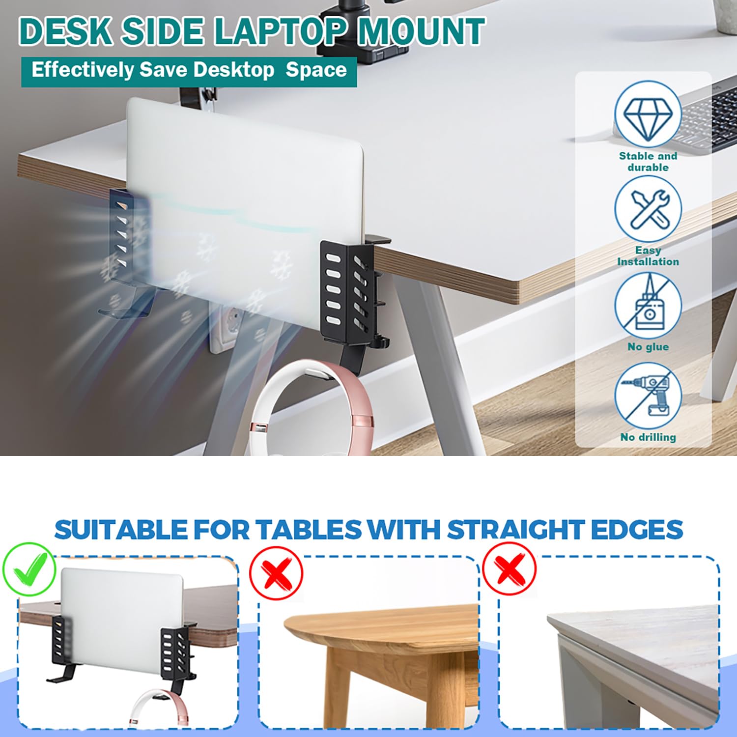 FEIKU Supporto da scrivania per computer portatile, senza trapano, da appendere per ufficio e casa, organizer laterale con morsetto per laptop/MacBook/Book/tastiere/cuffie/gamepad/zaino, nero