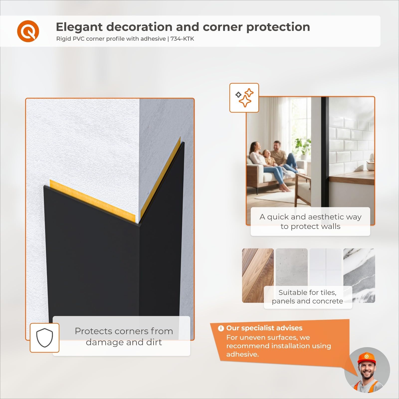 QUEST Cornière PVC Rigide Autoadhésive – Baguette d’Angle de Protection en PVC Dur pour Mur et Rebord – Profilé de Coin – 40x40mm, 200cm, noir