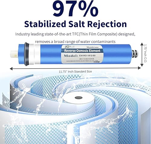 Miniatura 3 de Huining Membrana de ósmosis inversa 50GPD-18122012 Kit de carcasa de membrana RO con conector rápido de 14, válvula de retención, tubo de agua,
