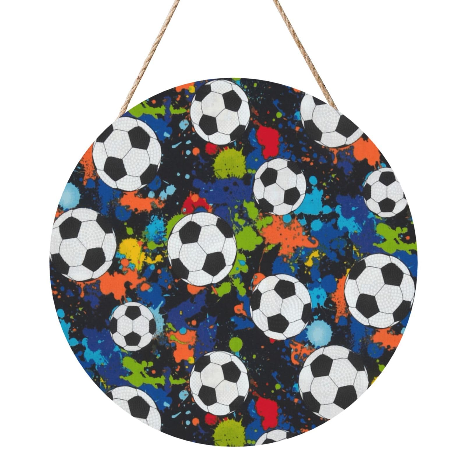InOmak Soccer Sport Ball Athletic, Round Wood Panel Painting 12 in, Wall Hanging Painting For Home