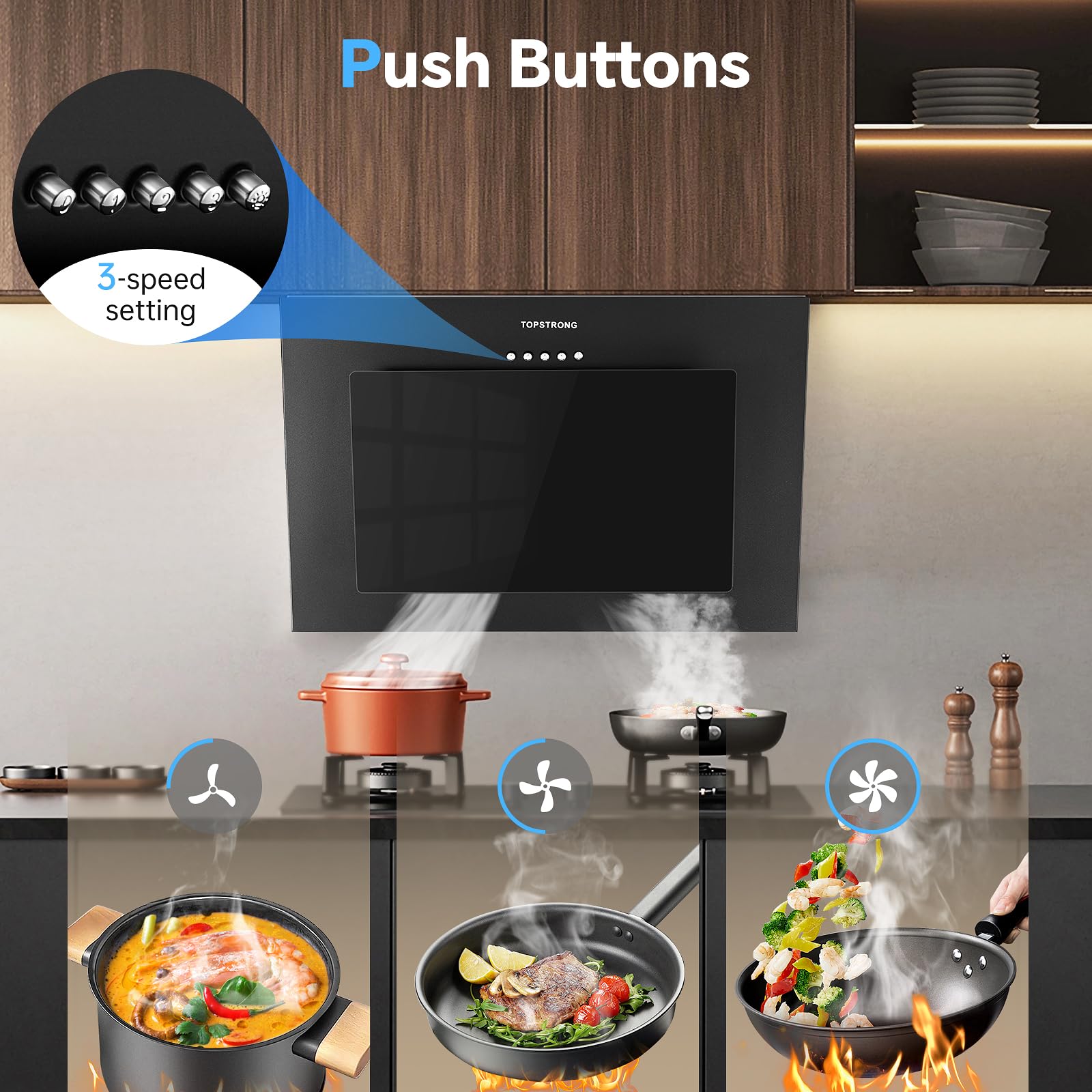 TopStrong Cooker Hood 60cm, Class A++ Extractor Fan Kitchen with Carbon Filters, Wall Mounted Extractor Hood with Recirculating & Ducting System, 3 Speed Black Painting & Tempered Glass, LED Lights - 5