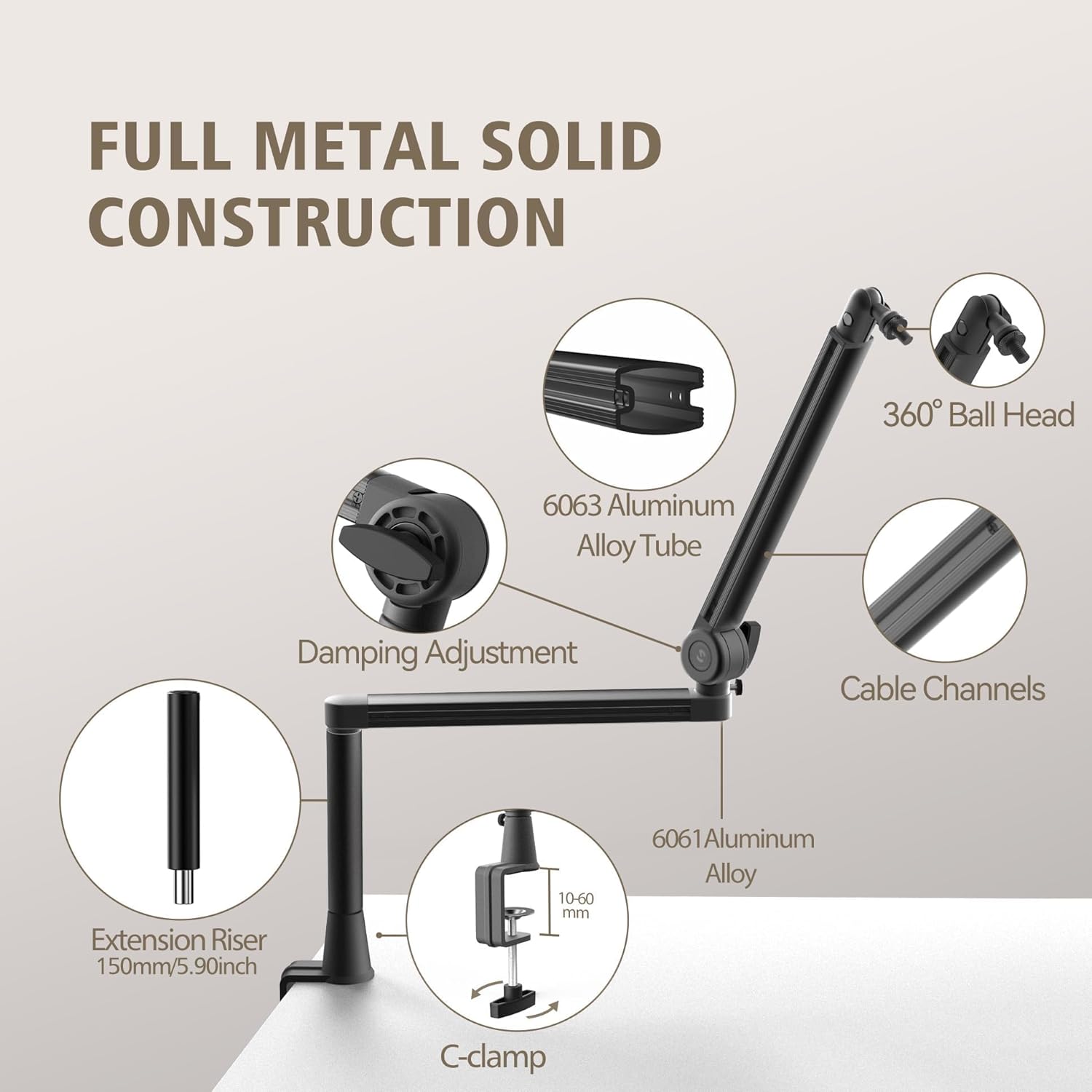 CMTECK Microphone Boom Arm, Low Profile Microphone Arm Stand with Cable Management, Desk Mount Clamp, 5.91" Extended Riser, Screw Adapter, 360° Adjustable Stick for Podcast Streaming Gaming Studio - Image 3