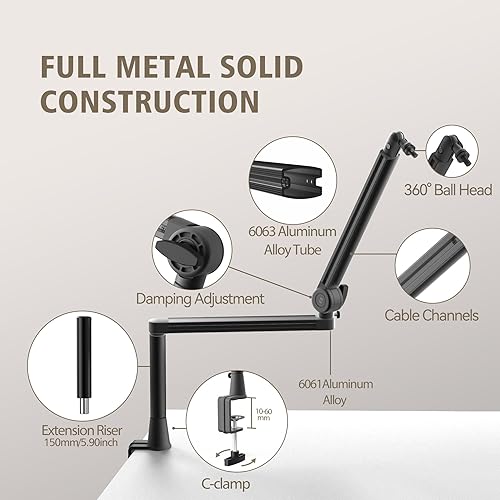 Miniatura 3 de CMTECK Brazo de brazo de micrófono, soporte de brazo de micrófono de perfil bajo con gestión de cables, abrazadera de montaje de escritorio,