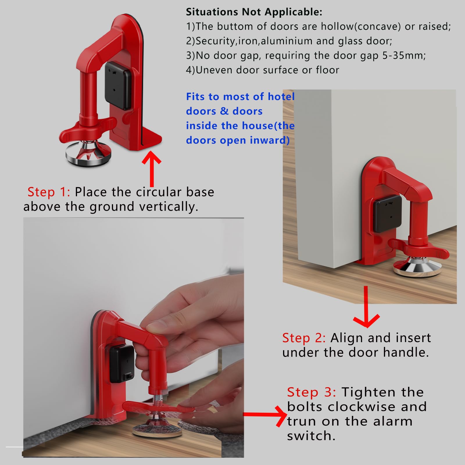 Alarma de tope de puerta portátil mejorada con fuerte agarre al suelo, topes de puerta antideslizantes, alarma de seguridad que dura 5 segundos con 80 dB, perfecto para viajes y seguridad del hogar