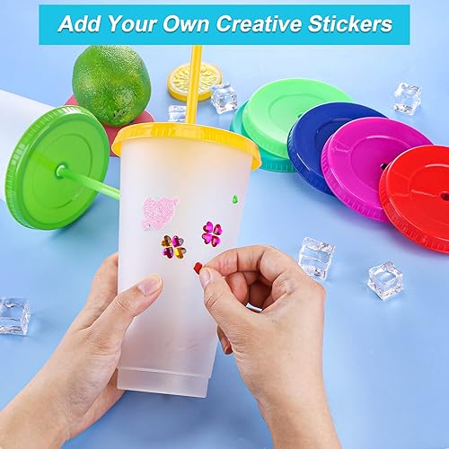 Miniatura 5 de LEIFEOSH Paquete de 24 vasos de plástico con tapas y popote, vasos reutilizables con tapas y pajillas, vasos transparentes para bebidas frías, café